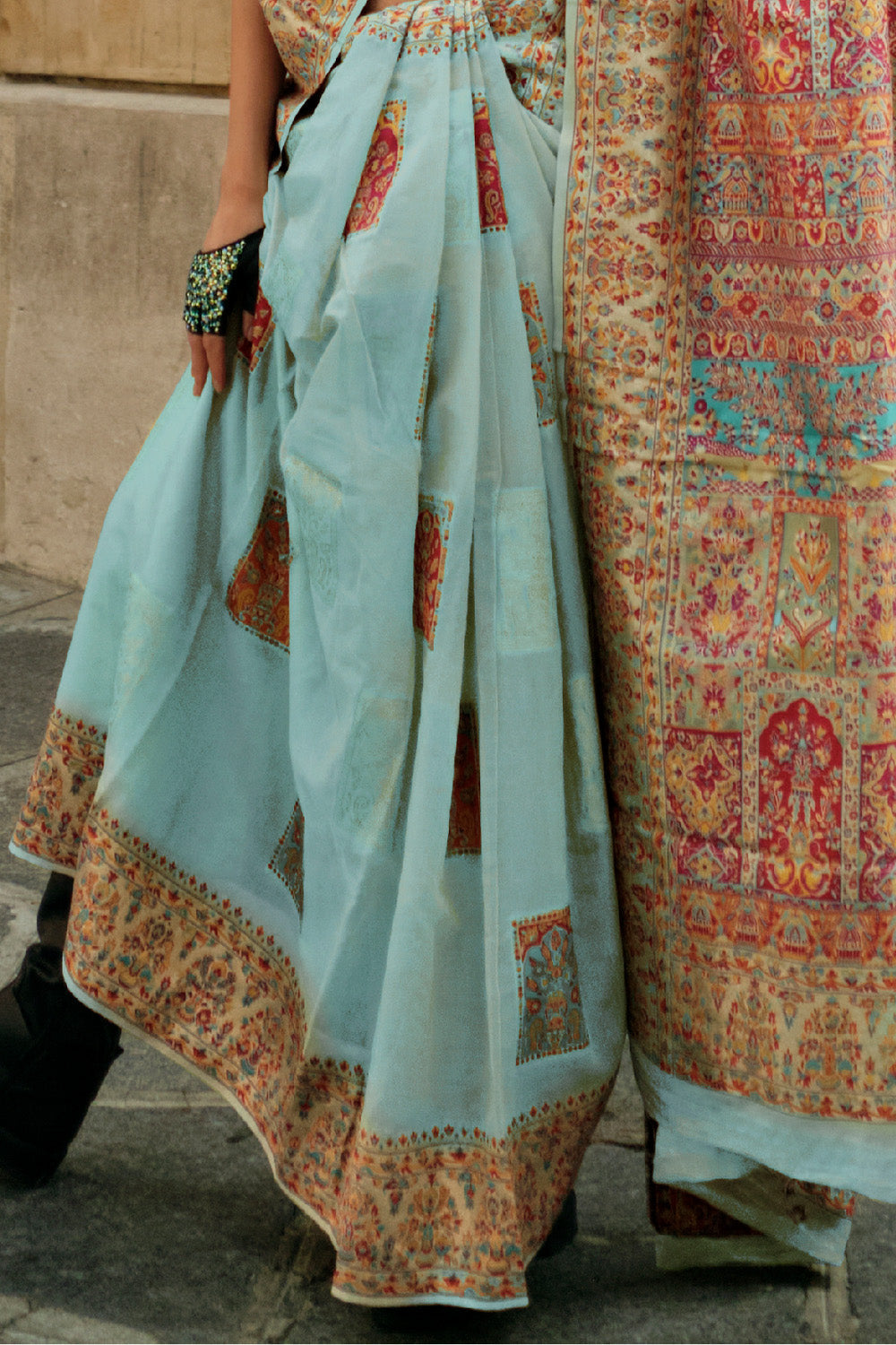 Teal Blue Kashmiri Silk Saree With Blouse Piece