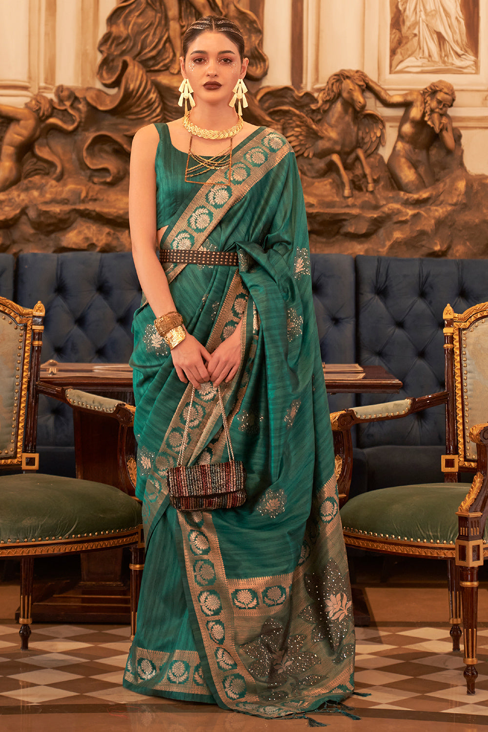 Buy Fern Green Linen Saree Nitaraa