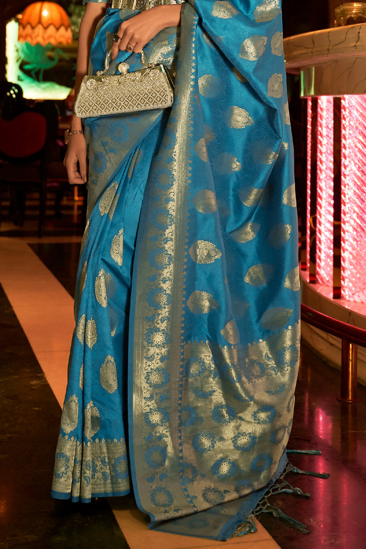 Buy Light Blue Kanjivaram Brocade Saree Online in USA |Red Zari Border –  Pure Elegance