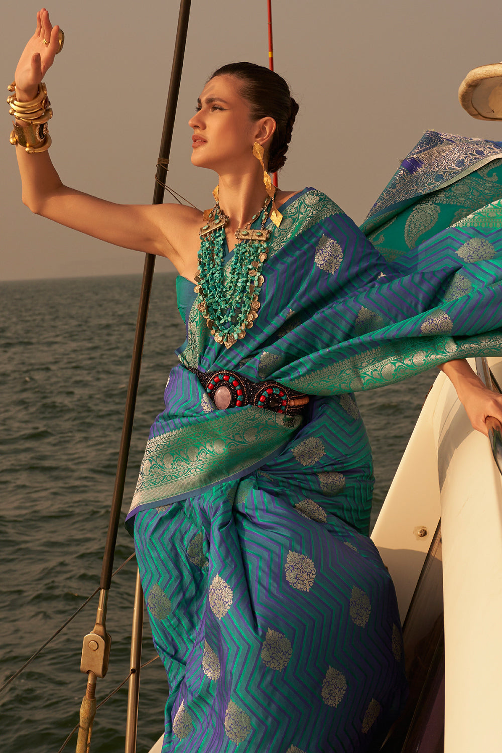 Buy Teal Blue Silk Saree With Blouse Piece Nitaraa