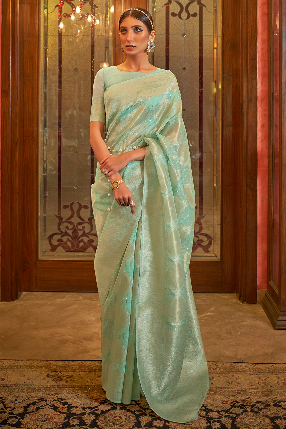 Buy Hot Pink And Blue Satin Saree Nitaraa