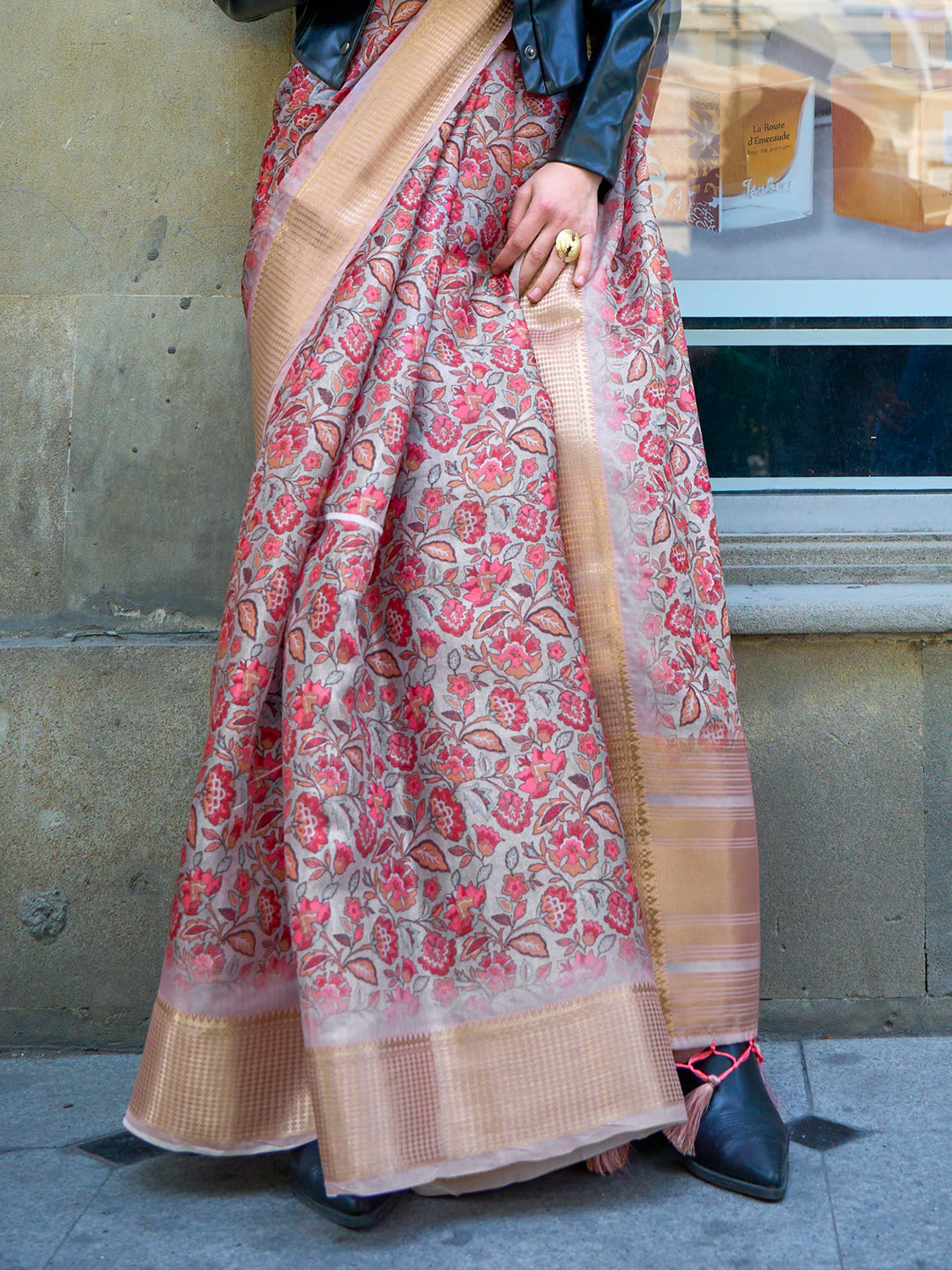 Pink And Beige Digital Organza saree