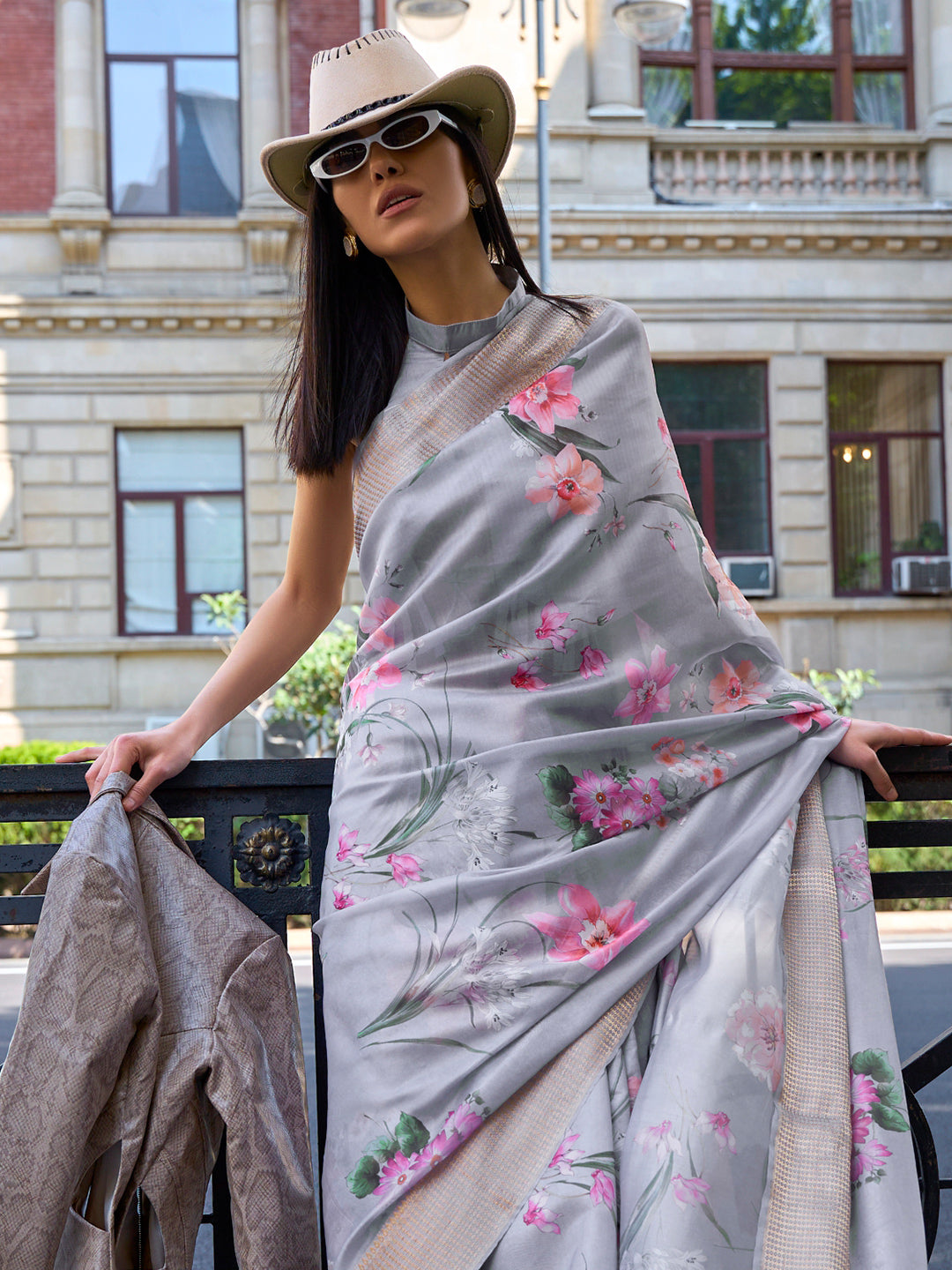 Coin Grey Digital Organza saree