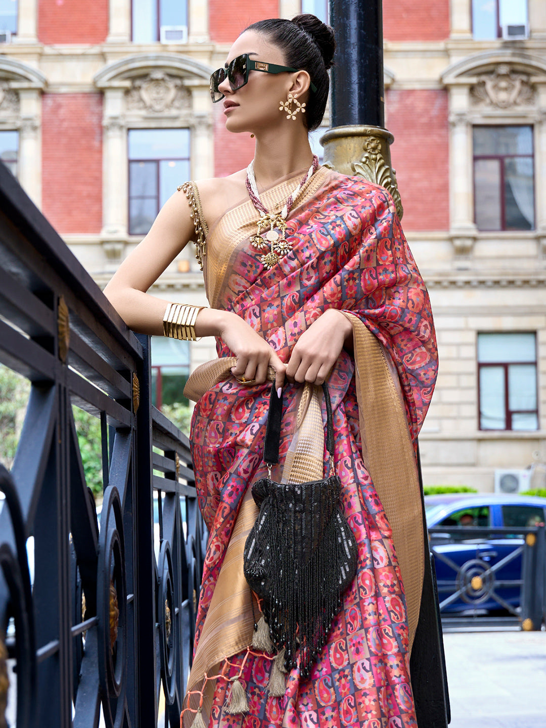 Peach And Beige Digital Organza saree