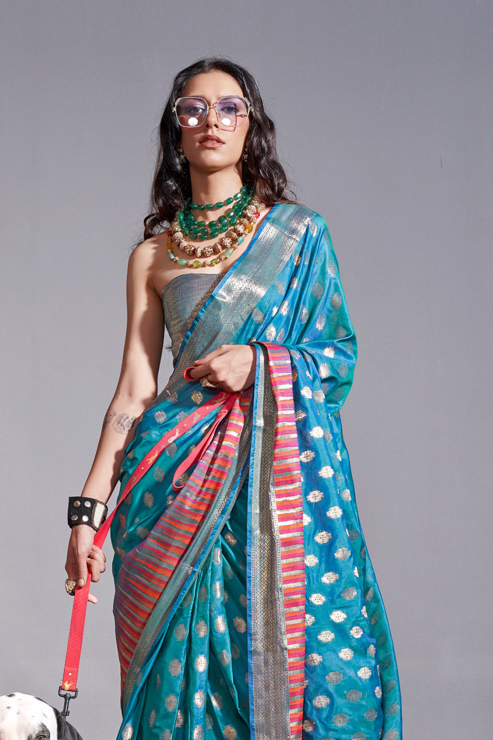 Sky Blue Banarasi Silk Saree With Blouse Piece