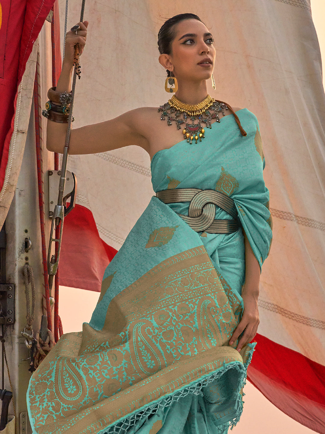 Pastel Blue Satin Saree