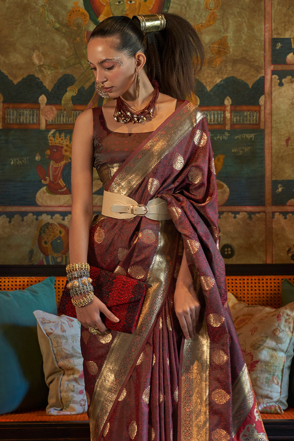 Shiny Brown Satin Saree