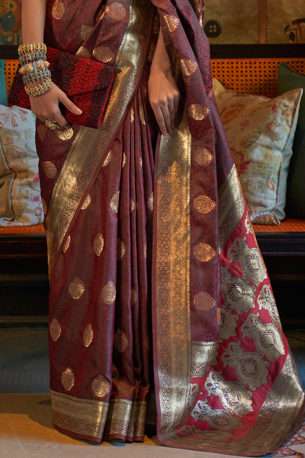 Shiny Brown Satin Saree