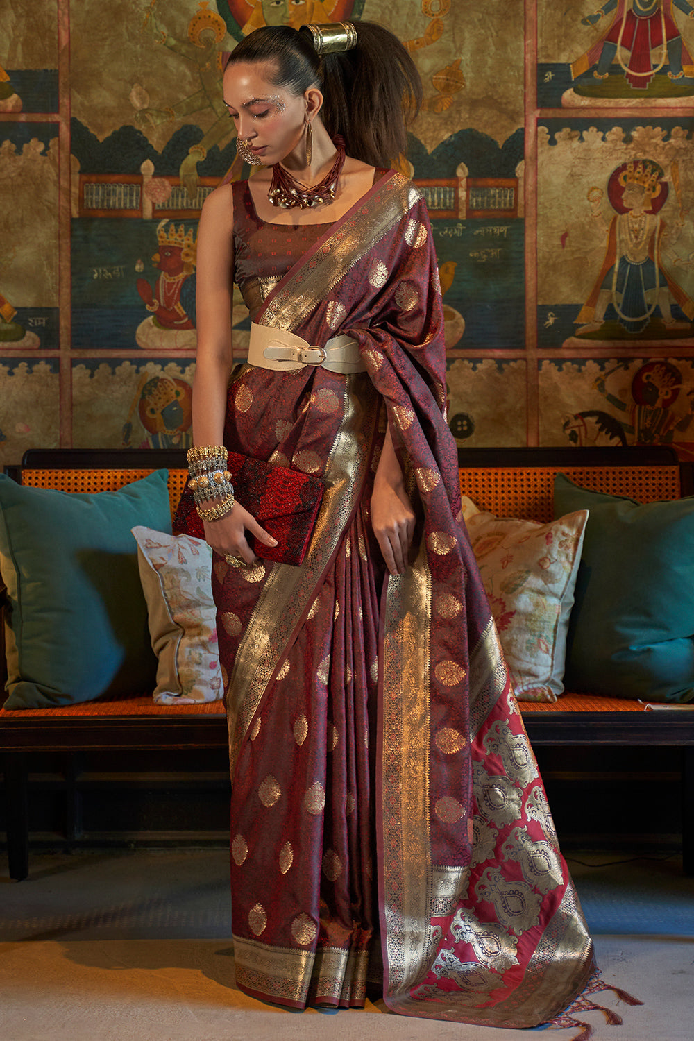 Shiny Brown Satin Saree