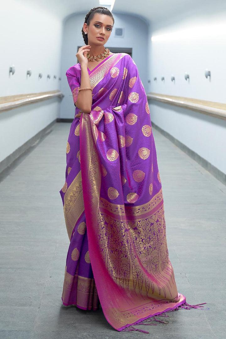 Purple Handloom Banarasi Pure Katan Siilk Kadhwa Ektara Jangla Saree –  WeaverStory