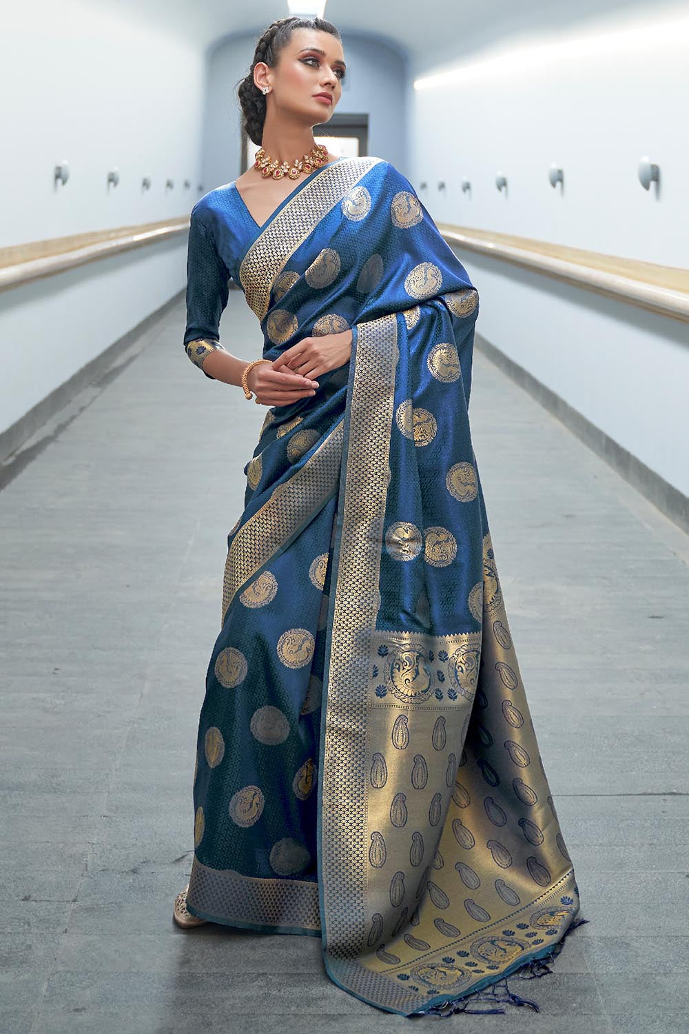 Buy Yale Blue Handcrafted Kanjivaram Saree Nitaraa