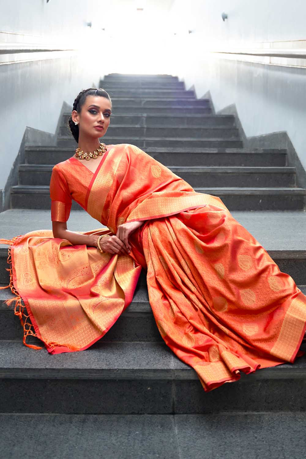 Buy Tangerine Orange Handcrafted Customised Kanjivaram Saree Nitaraa