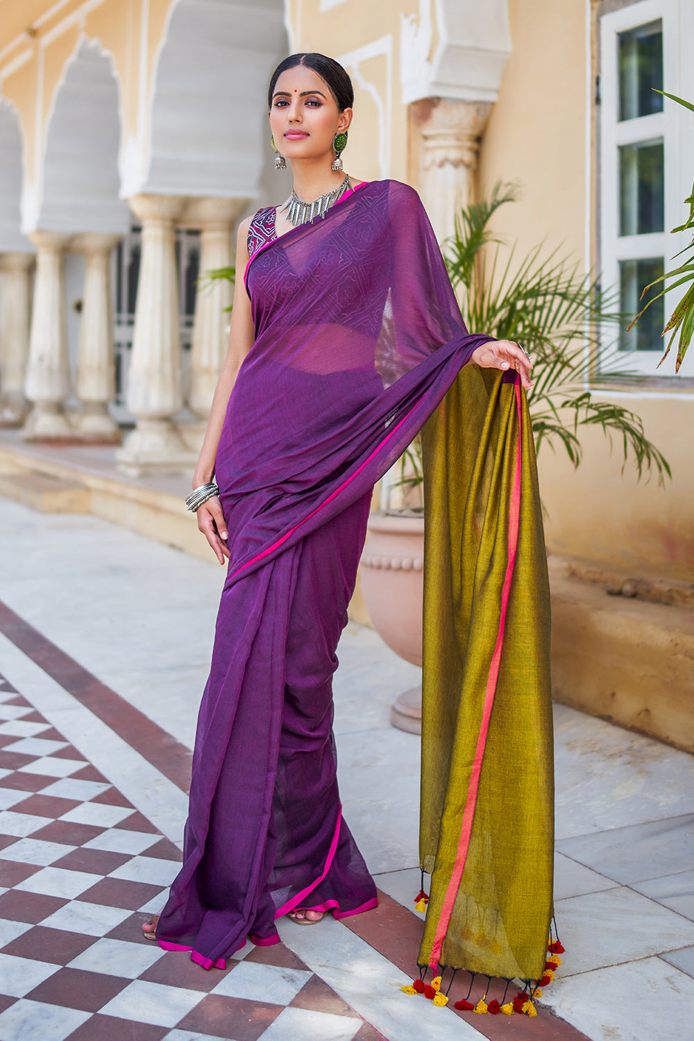 Violet And Green Mulmul Cotton Saree