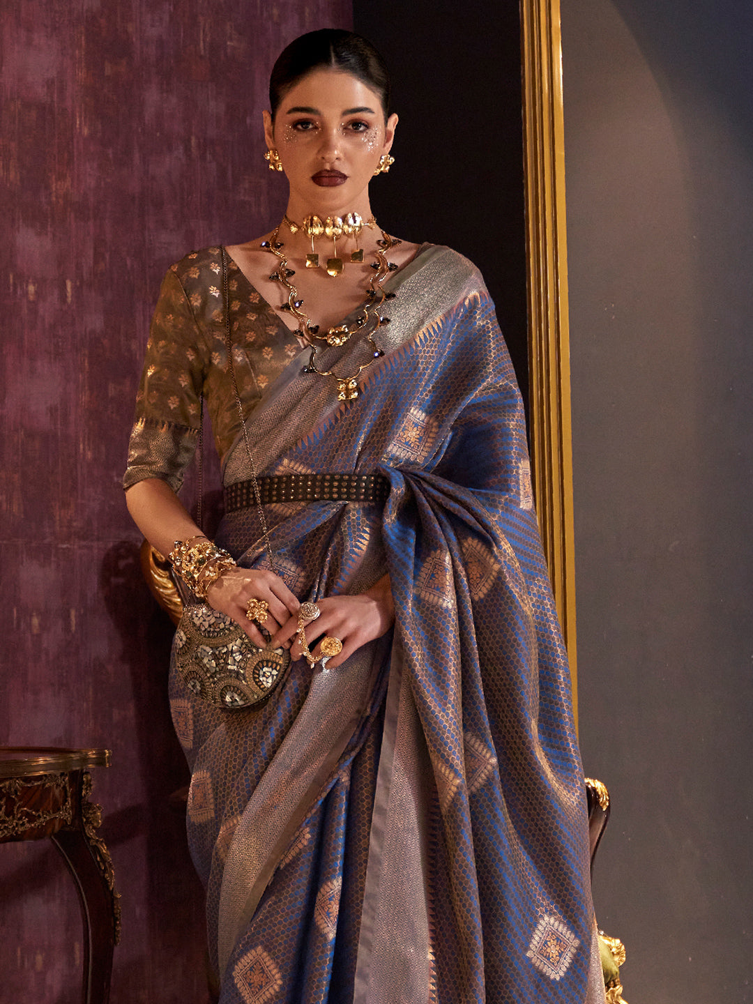 Dusky Blue Banarasi Saree