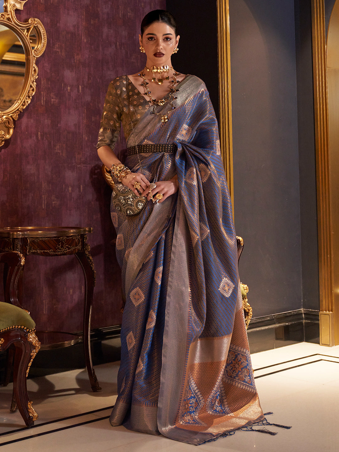 Dusky Blue Banarasi Saree