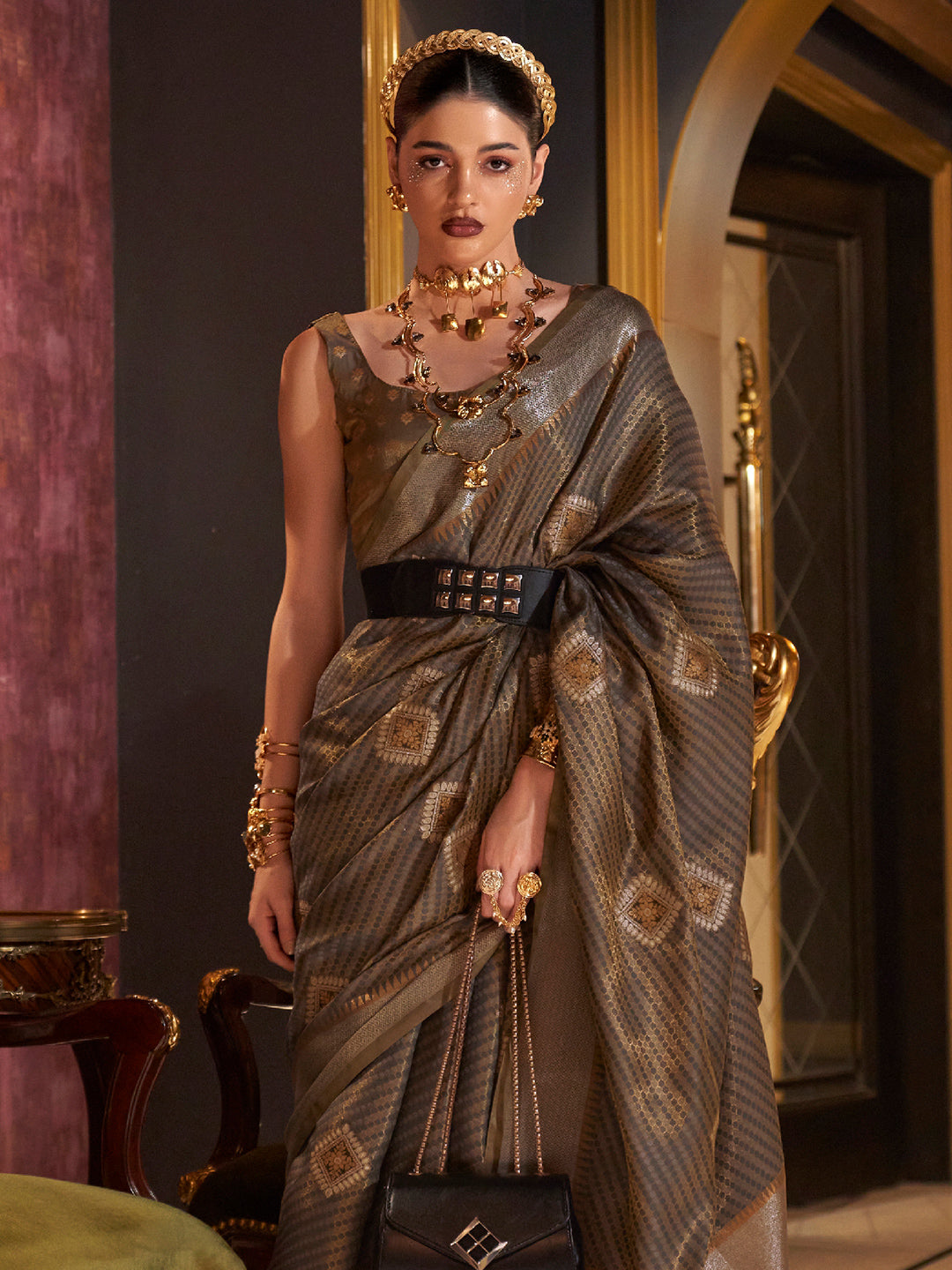 Charcoal Brown Banarasi Saree