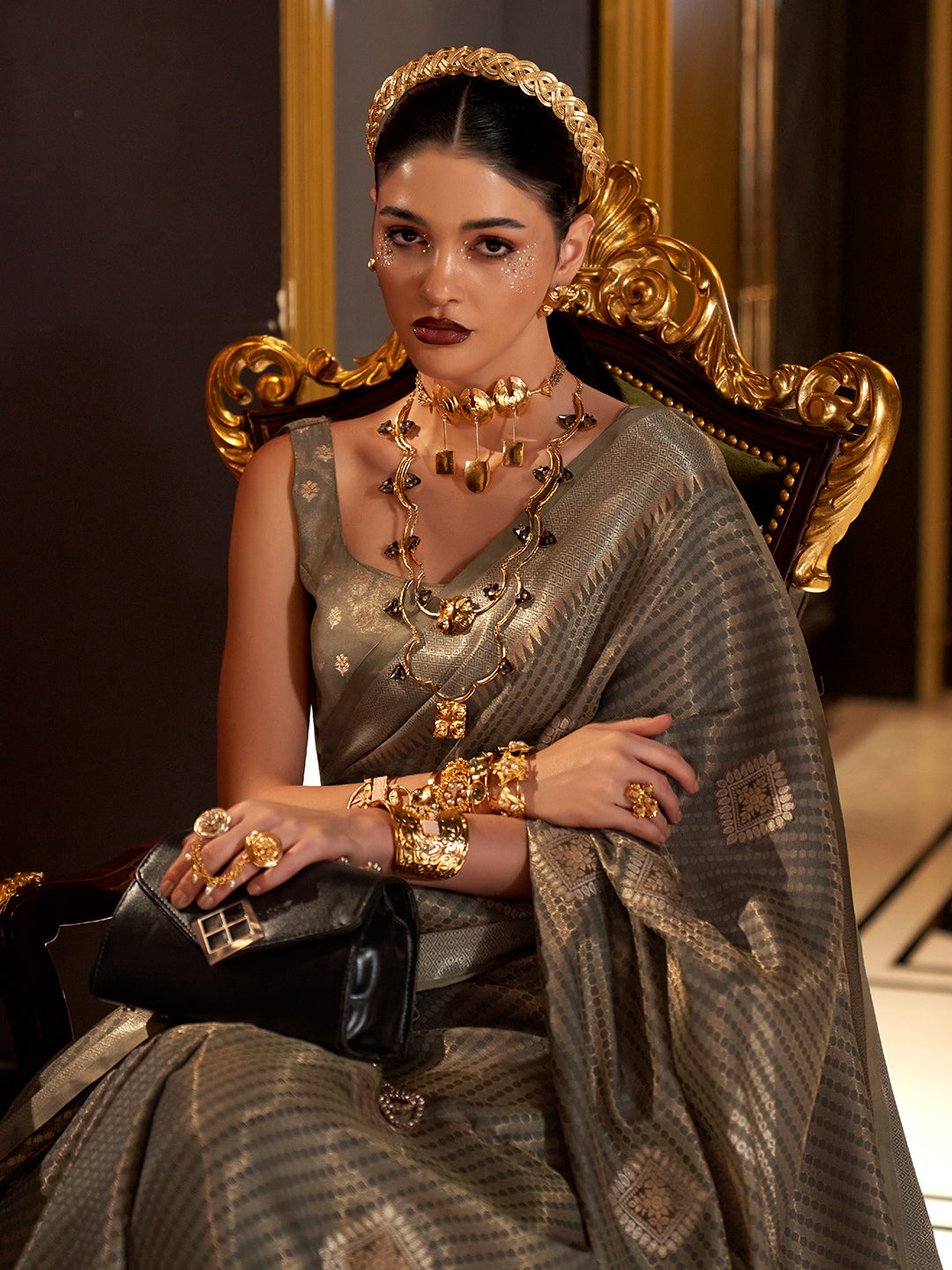 Charcoal Brown Banarasi Saree