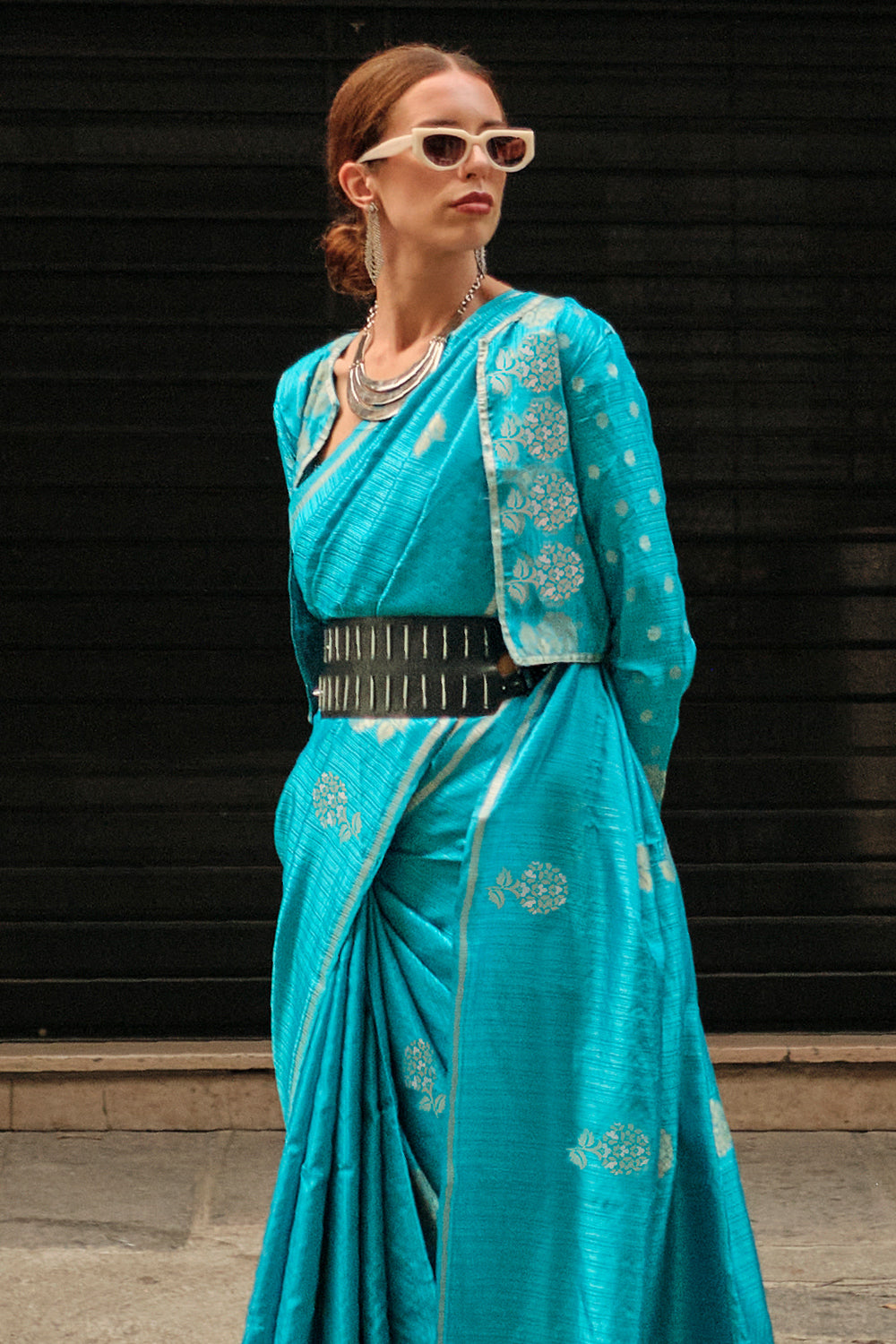 Firozi Satin Silk Saree