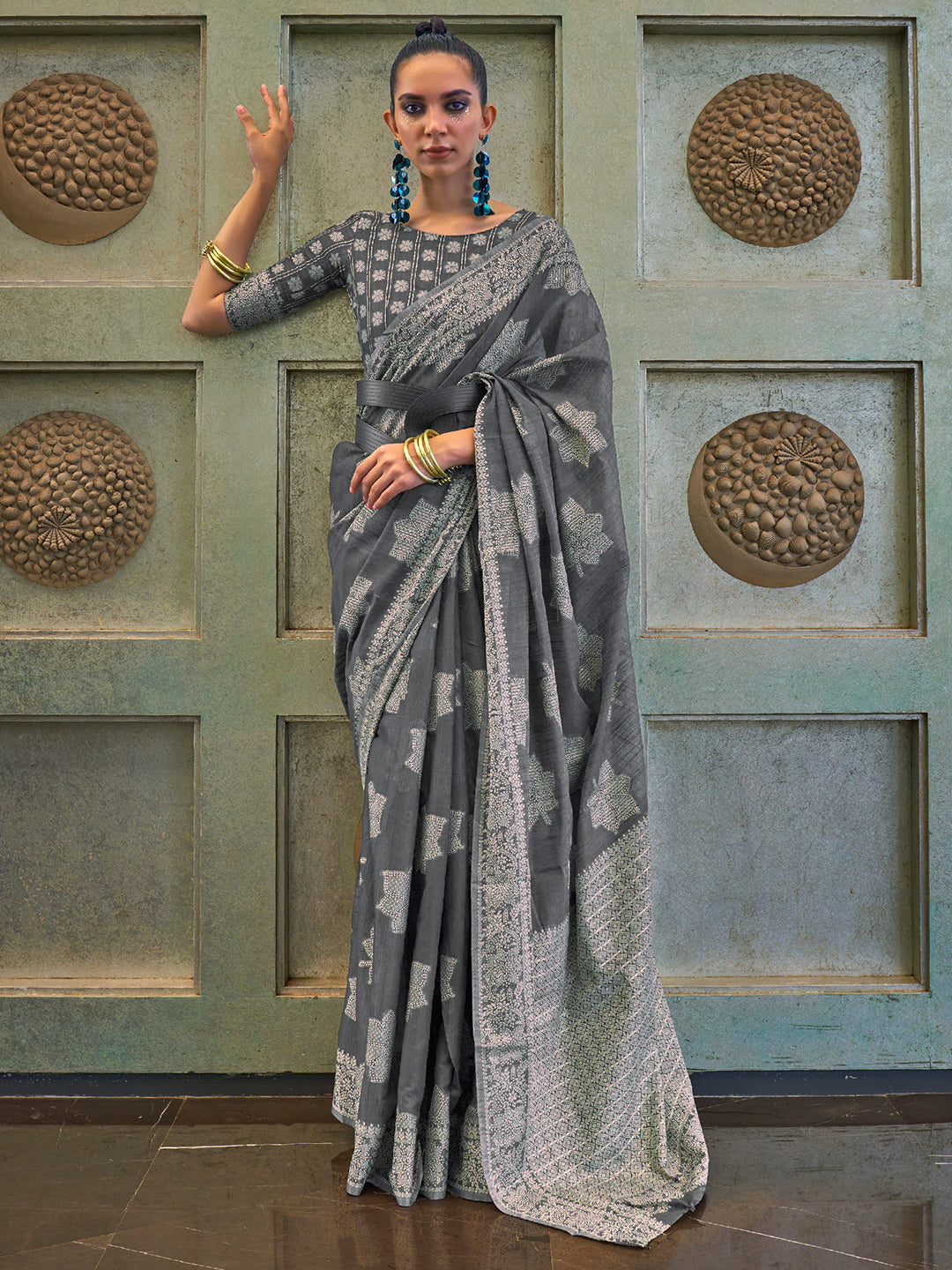 Slate Grey Cotton Lucknawi Saree