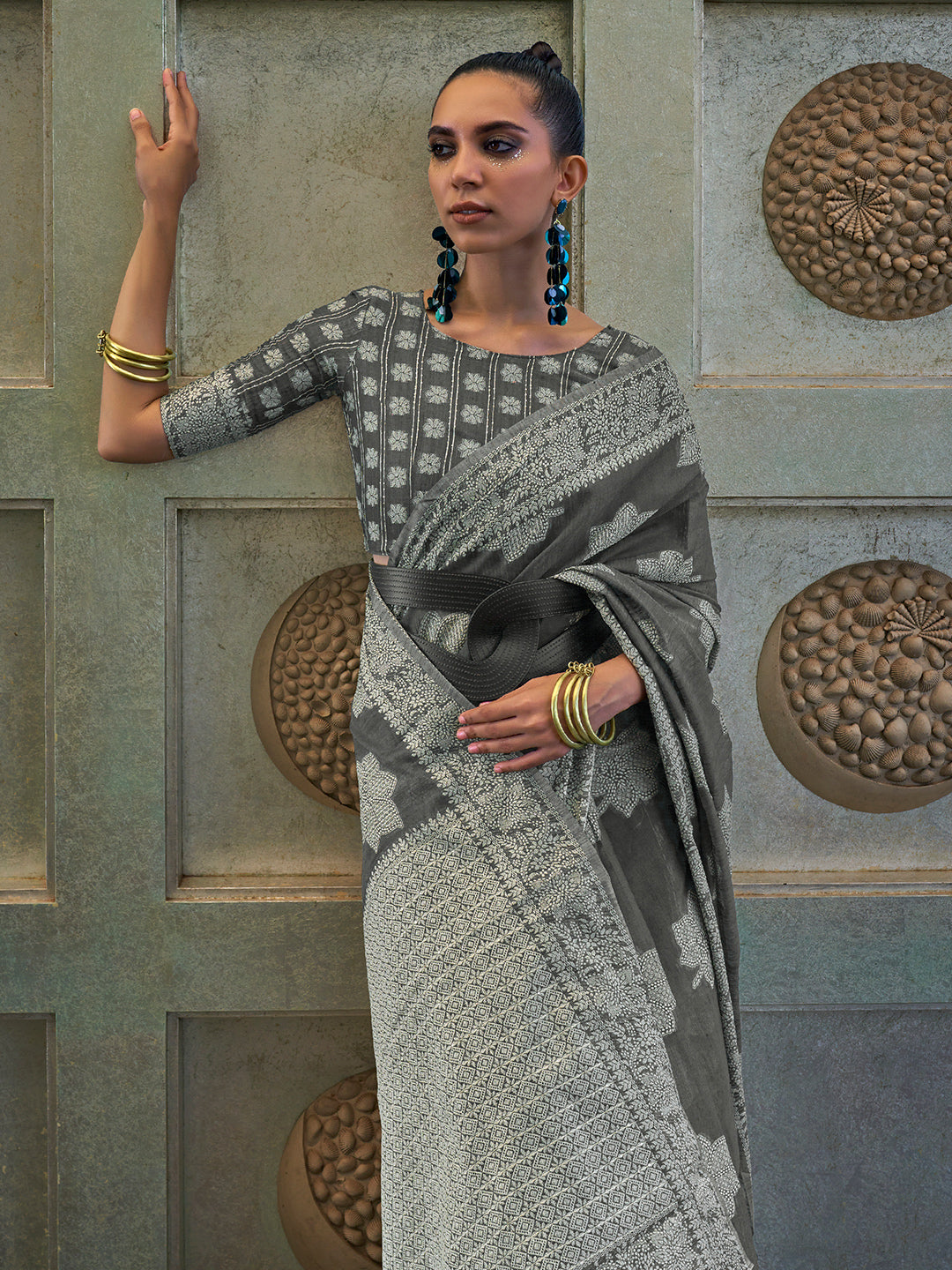 Slate Grey Cotton Lucknawi Saree