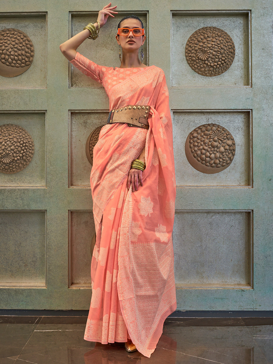 Cantaloupe Peach Cotton Lucknawi Saree