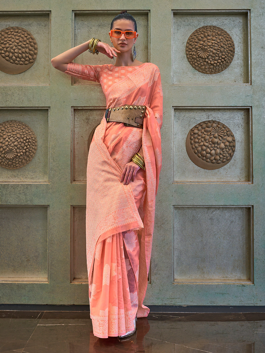 Cantaloupe Peach Cotton Lucknawi Saree