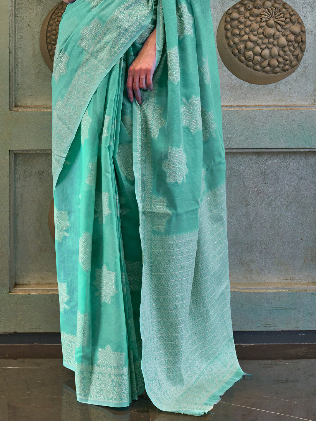 Mint Green Cotton Lucknawi Saree