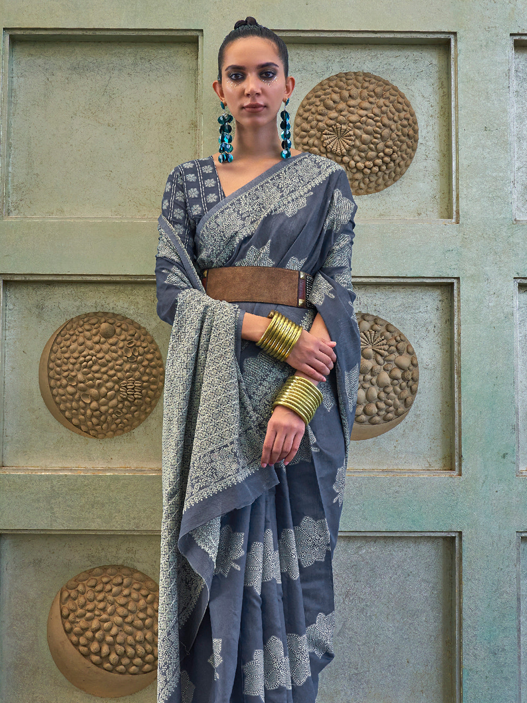 Dusky Blue Cotton Lucknawi Saree