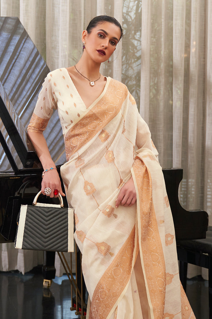 Mesmerizing White Plain Linen Saree with Golden Red Border Onam Special -  Loomfolks