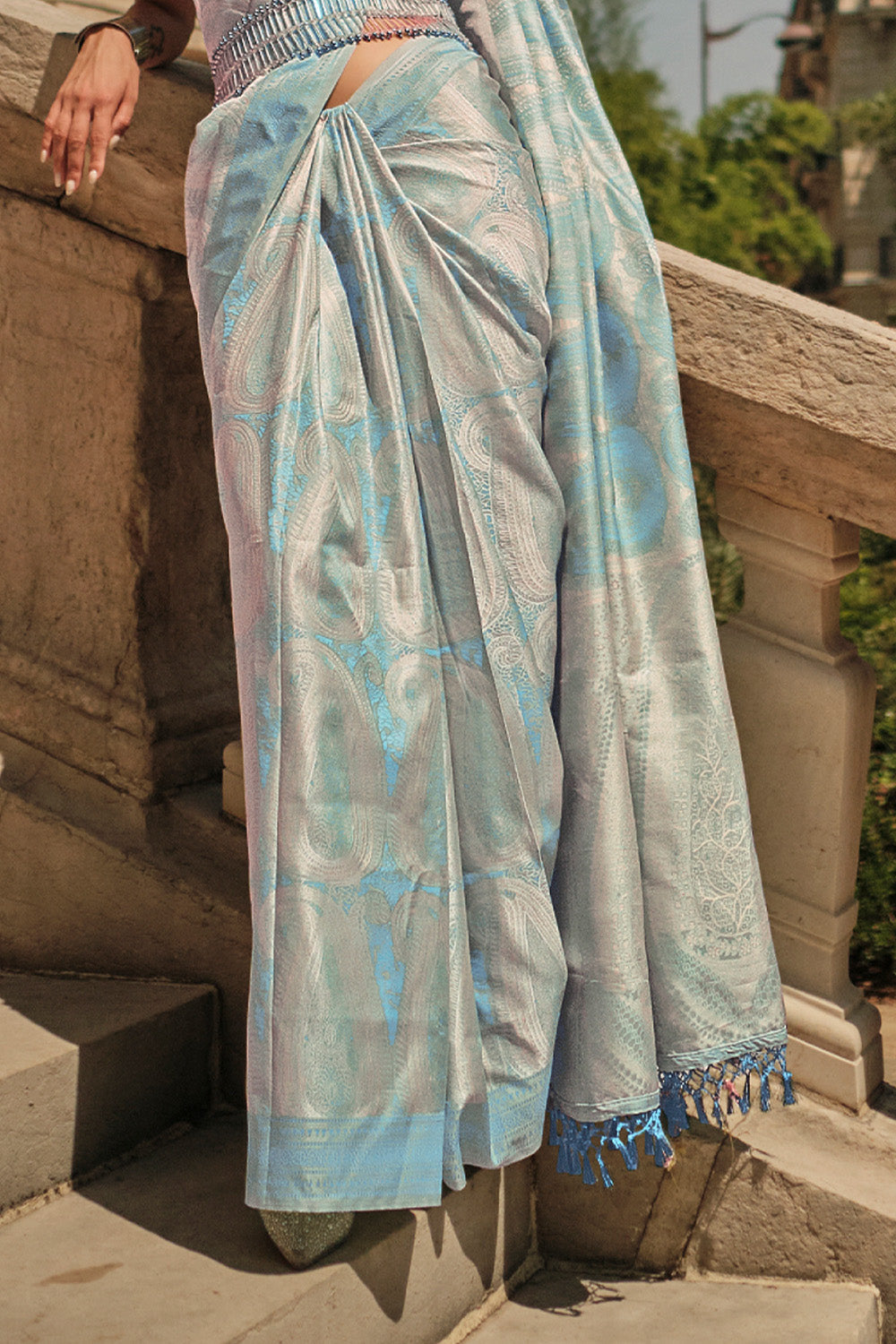 Teal Blue Satin Silk Saree With Blouse Piece