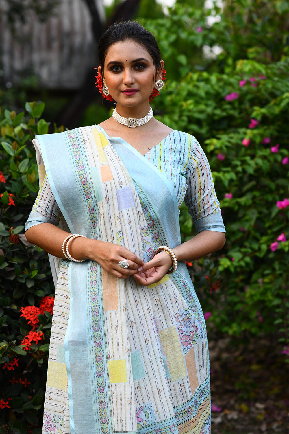 Turquoise Blue Linen Saree