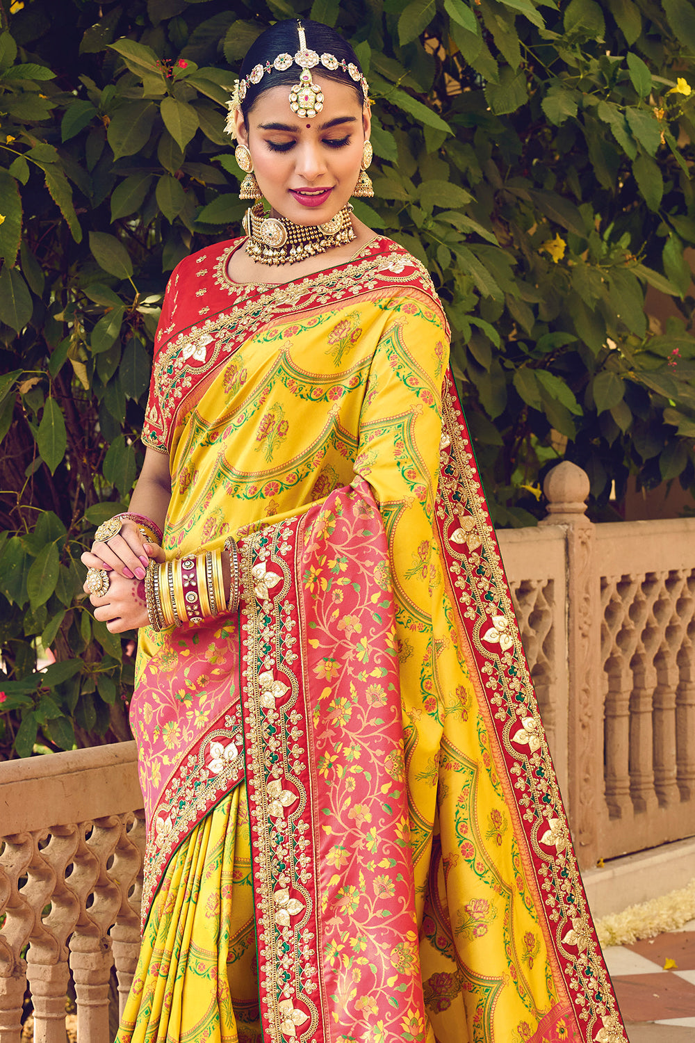 Yellow And Red Patna Patol Pure Silk Saree