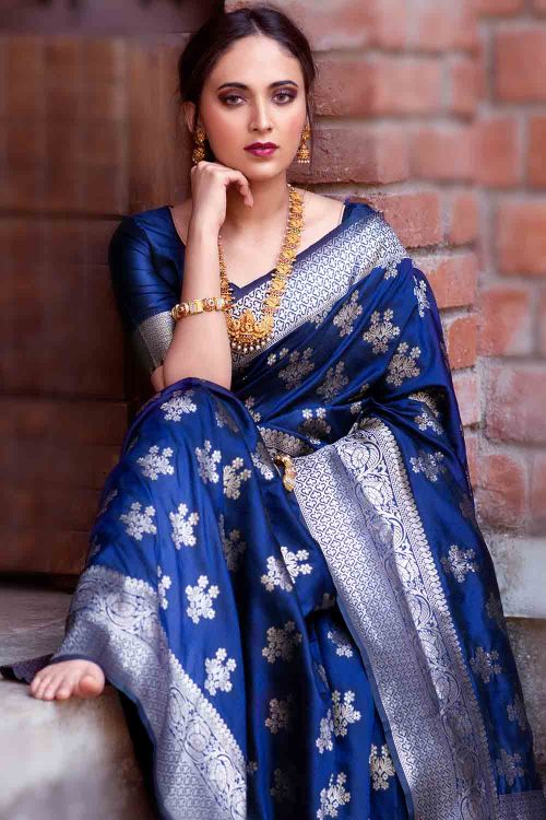 Buy Navy Blue Silk Blend Saree Nitaraa