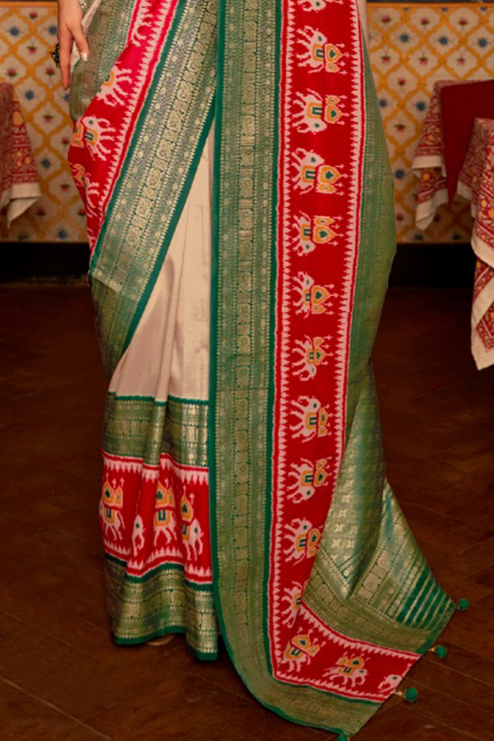 Beige And Red Smooth Silk Saree