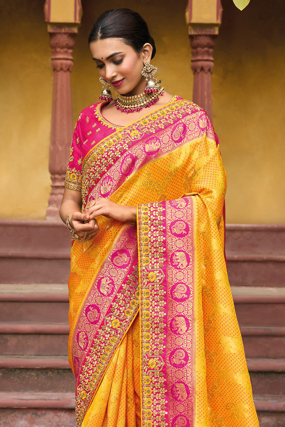 Yellow And Pink Dola Silk Saree
