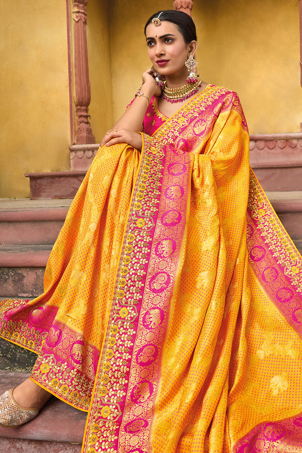 Yellow And Pink Dola Silk Saree