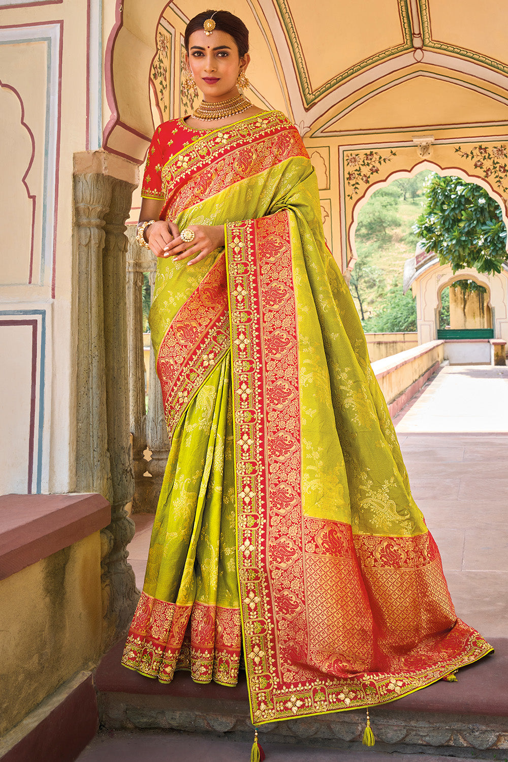 Lime Green And Red Dola Silk Saree