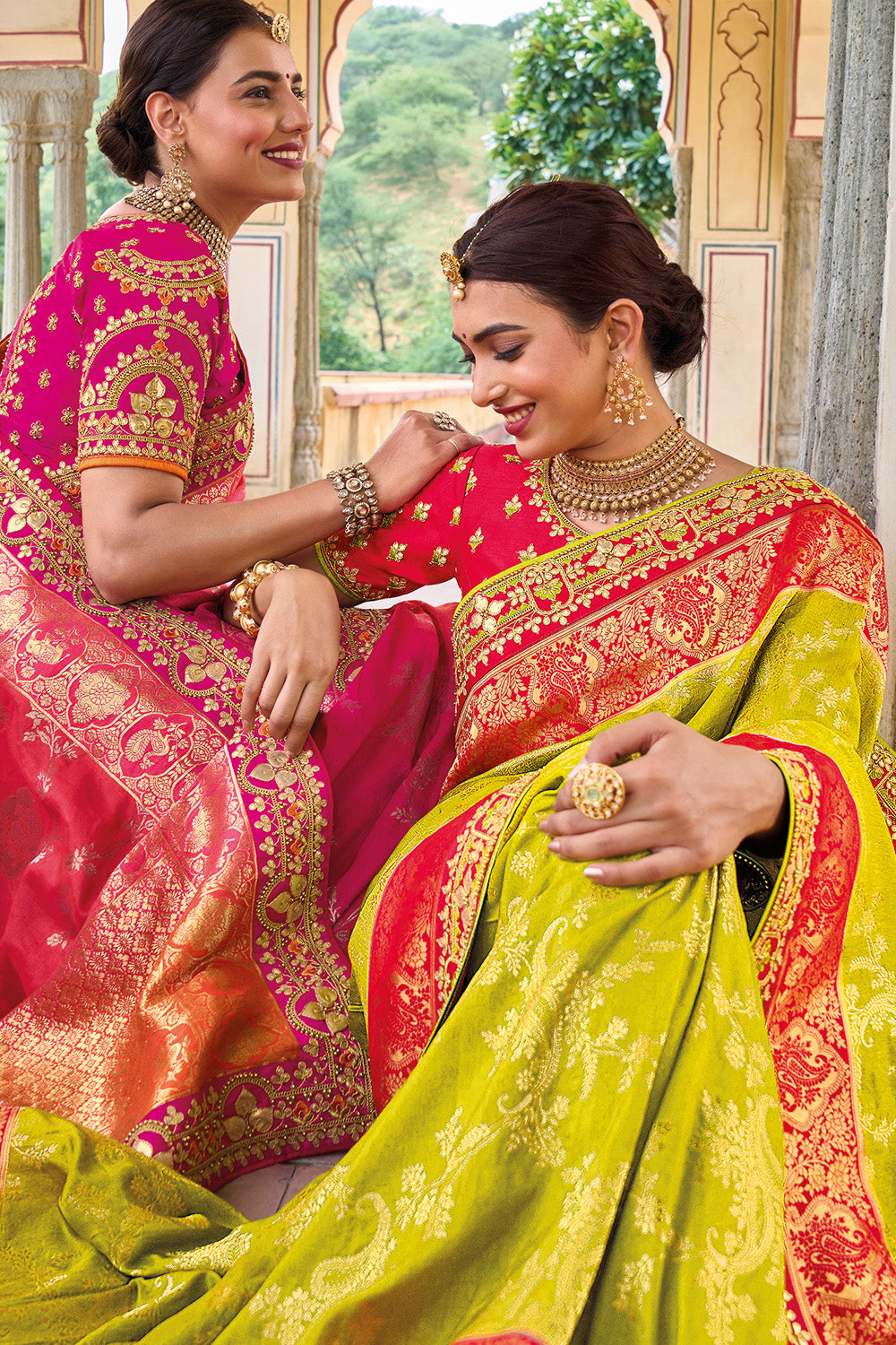 Lime Green And Red Dola Silk Saree