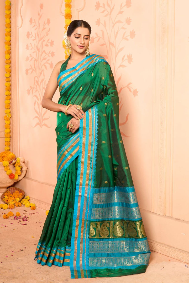 Traditional Elegance. Fine Ilkal Cotton Saree - Green & Mustard – Okhaistore