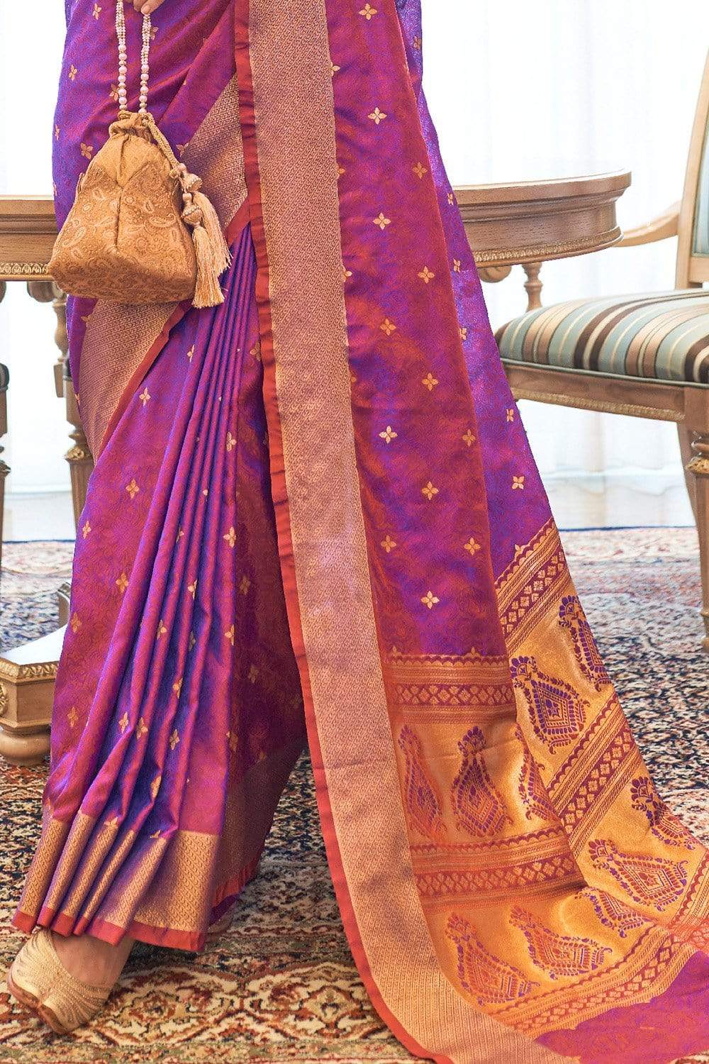 Coral Pink Tanchoi Silk Handloom Banarasi Saree - Sacred Weaves