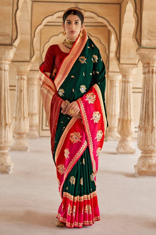 Refreshing Dark Green Banarasi Silk Saree With Adorable Blouse Piece –  LajreeDesigner