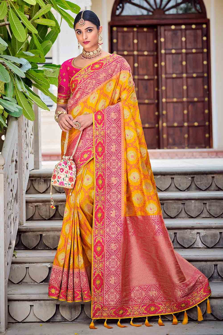 TRB GOLD YELLOW SOFT TISSUE WITH RED BANARASI BORDER SILK SAREE – The  Revive Boutique