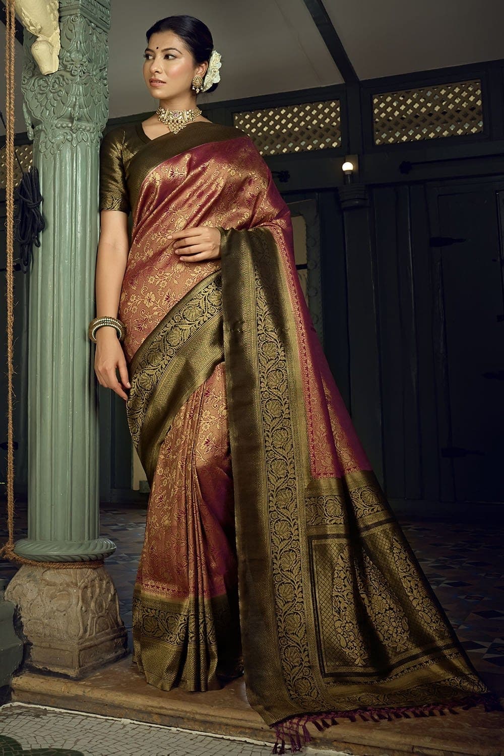 Buy Grey And Pink Poly Viscose Saree Nitaraa