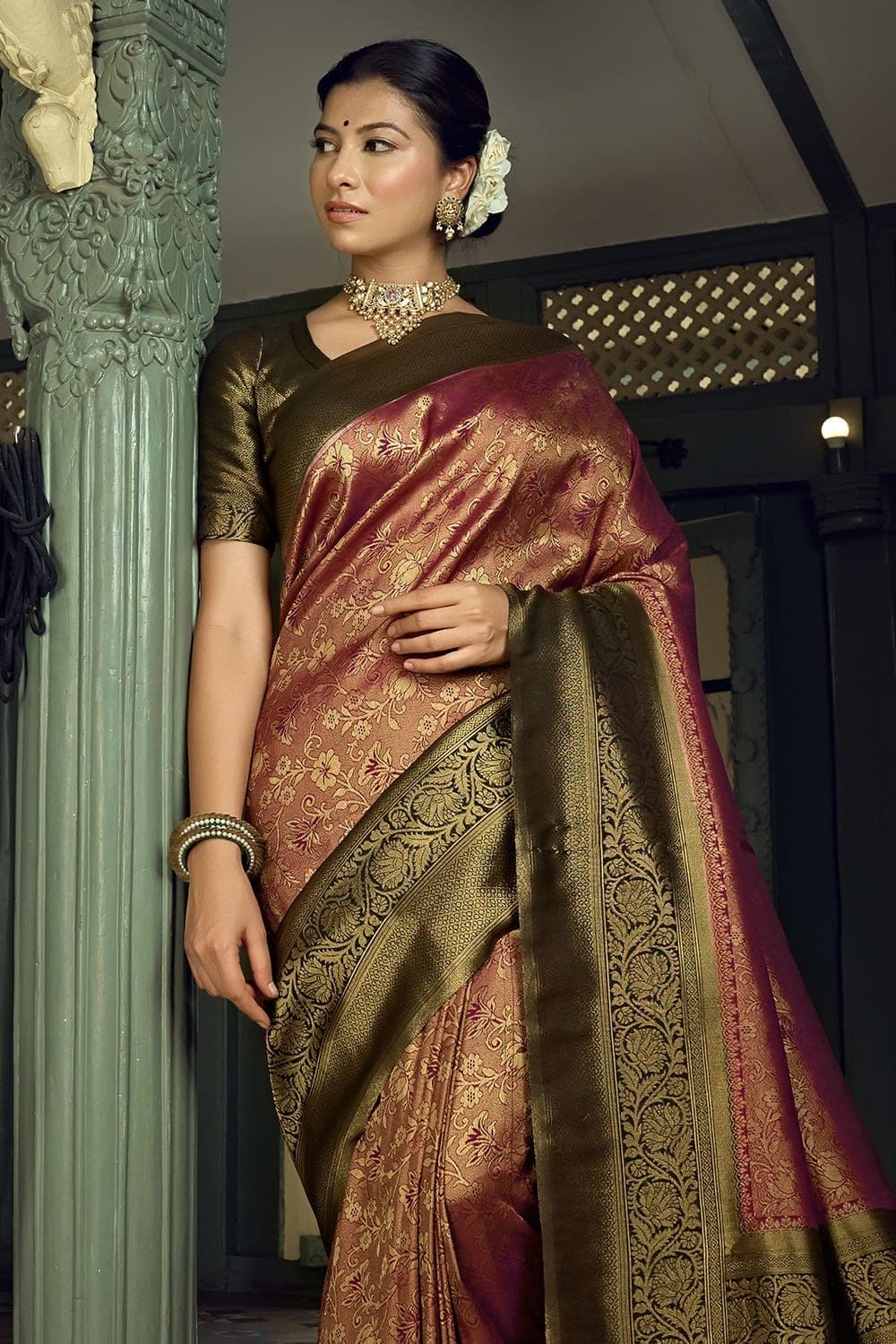 Buy Grey And Pink Poly Viscose Saree Nitaraa